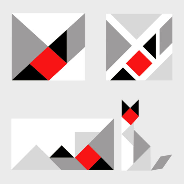 TANGRAM Red grey black and white shapes